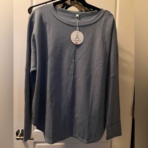 Blue Long Sleeve Waffle Knit Top